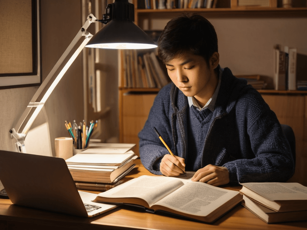 図書館で就活ノートを開く学生